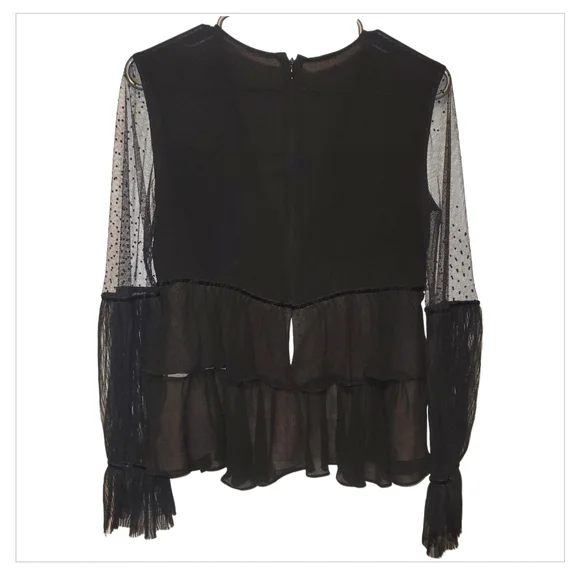 Black Sheer Mesh Peplum Top Polka Dot Tie Front Whimsigoth XS - Picture 3 of 6